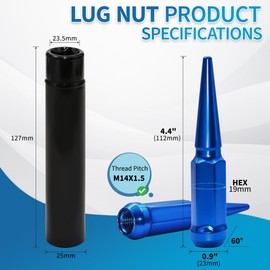 LUJIANI M14x1.5 Wheel Spike Lug Nuts, 24 PCS Lug Nut Wheel Accessories with 1 Socket Key, Blue Thread Spiked 4.4" Long Closed End Nuts Compatible with Chevy Silverado GMC Sierra 1500 2500 3500