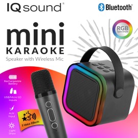 IQ SOUND IQ-708K Mini Karaoke Bluetooth Speaker with Wireless Mic, Colorful RGB Party Lights, 5 Voice Effects, Bluetooth 5.3, Perfect for Kids & Adults, Portable Speaker for Family Parties & Birthdays