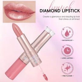 Metallic Lipstick Nude Lipstick Lip Gloss 2 IN 1, Cream Glitter Metallic Lip Gloss Waterproof Non-Stick Cup Shimmer High Impact Lipcolor Lightweight Hydrating Formula Lip Makeup