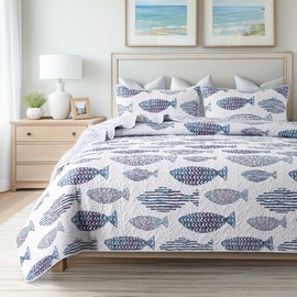 SLPR Sea of Dreams 3-Piece Quilt Set - Queen Size with 2 Shams, Blue and White Ocean-Inspired Bedding Set, Nautical Fish Design, Lake Themed Coastal Quilted Bedspread for Modern Maritime Decor