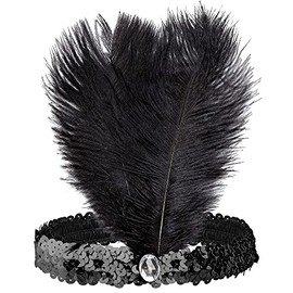W WIDMANN MILANO Party Fashion 8668F - Pailletten Stirnband mit 2 Federn und 1 Juwel, schwarz, 20er Jahre, Charleston, Flapper, Motto-Party, Karneval