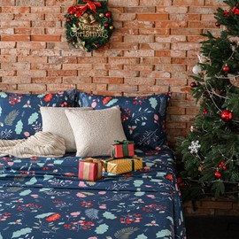 Yibeizi Christmas Patterned King Sheet Set Floral Printed Bed Sheets Navy Bedding Sheets & Pillowcases Soft Microfiber 15" Extra Deep Pocket Fitted Bedsheet 4 Piece