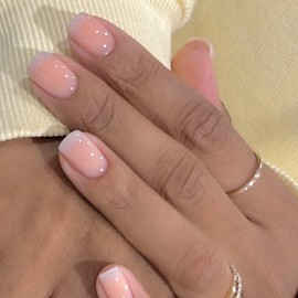 Viugex 24Pcs Short Square False Nails, French Tip Press on Nails Pink Purple Gradient Acrylic Fake Nail, Full Cover Strong Glue on Nail, Glossy Gel Stick on Nails for Women Girls Daily Holiday Wear