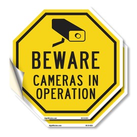 Beware Cameras in Operation (2 Pack) 4 inch X 4 inch Octagon Vinyl Label Decal Sticker Weather Resistant, UV Protected for Workplace, Private Property, and Construction Site, Made in the USA