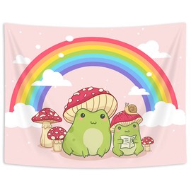 Uokiuki Cute Tapestry, Kawaii Frog Mushroom Snails Rainbow Tapestry for Bedroom Aesthetic, Pink Cottagecore Tapestry Wall Hanging for Teen Girls Bedroom Funny Living Room Dorm 60 X 40 Inch