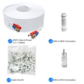 Aimyzii BNC Cable 200ft 1 Pack BNC Video Power Cable,Security Camera Cable for CCTV Camera DVR Security Systems(Included 2X BNC Adapters,100 Pcs Cable Clips)-White