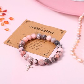 Cupimatch Bead Bracelet Women's Christian Cross: Religious Bracelet for Women Stretch Cross Natural Stone Onyx Beads Catholic Gifts with Card for Girls Teens Women