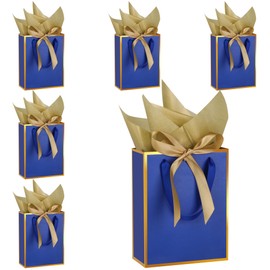 STOBOCTER 6 Pcs Thank You Gift Bags with Handles and Tissue Paper 9 x 7 x 3. 15'' Metallic Welcome Gift Bags with Bow Ribbon for Wedding Bridal Baby Shower Groomsmen Birthday Party(Navy Blue, Gold)