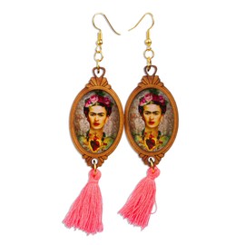 NOVICA Artisan Handcrafted Wood Dangle Earrings Frida Kahlo Sacred Heart Multicolor Mexico Cultural [4 in H x 1.1 in W x 0.2 in D] ' Heartfelt Frida'