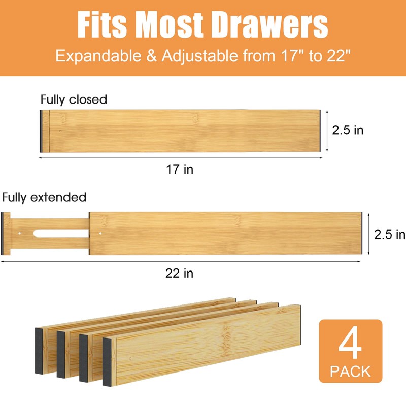 Ryqtop Bamboo Drawer Dividers,17-22" Adjustable Kitchen Drawer Organizer for Clothes,4