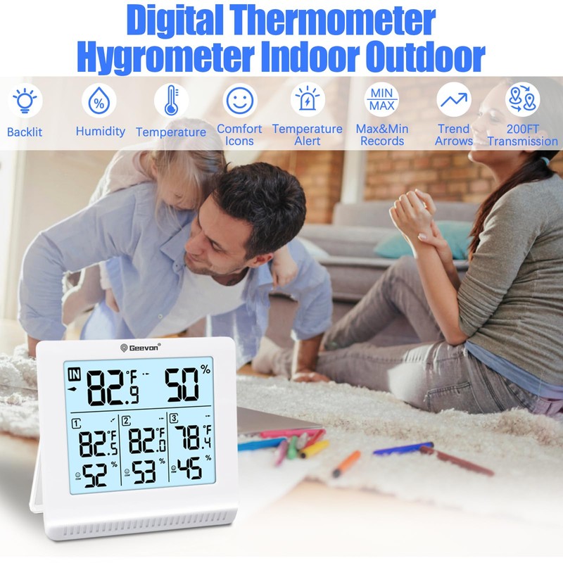 Geevon Indoor Outdoor Thermometer Wireless with 3 Remote Sensors, Digital