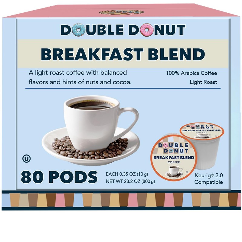 Double Donut Coffee Breakfast Blend Coffee Pods, Light Roast Coffee