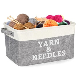 Foldable Yarn Storage Basket - Portable Grey Knitting Organizer with Handles, Collapsible Yarn Storage Organizer Sewing Craft Basket for Needles and Crocheting Supplies, Gift for Knitters