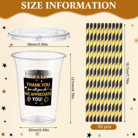 Funnymoom 50 Sets We Appreciate You Plastic Cups Thank You for All You Do 16 oz Gold Black Disposable Drinking Cups with Lids Straws for Teacher Employee Staff Appreciation Party Decorations Supplies