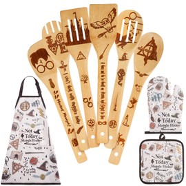 Harry Magic Gifts for Mom Women,Kitchen Utensils Set,Cute Wizard Wooden Cooking Spoons with Apron Oven Mitt Potholder,Great Birthday Wedding&Housewarming Christmas 9pcs