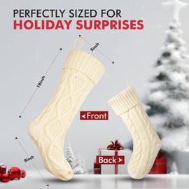 18 Inches Large White Christmas Stockings- 4Pcs White - Stretchable Knitted Xmas Stockings with 50Pcs Personalizeable Gift Tags for Family Holiday Christmas Décor