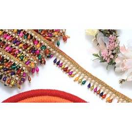 Feathers Creation Ltd Beaded Fringe 2 Yard 2.5 Cm Wide Drop Shape Plastic Sequence and Pearl Combination Vintage Style Trim Ribbon Sewing on Edging Crafts Wedding Decor Bridal Dress (Prime Multi)