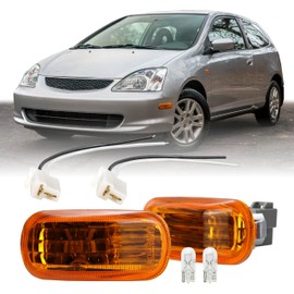 USR 01-05 EM2/ES Side Marker Light – Fender Lamps (Left + Right) Set - Compatible with 2001-2005 Honda Civic / 02-06 Acura Integra/RSX All Models (JDM CRYSTAL AMBER LENS w/BULB/SOCKET/WIRE)