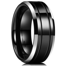 King Will Classic Men 8mm Black Tungsten Carbide Rings Polished Beveled Edge Double Groove Wedding Bands 7.5