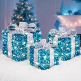Blue Christmas Decorations, 140 LEDs Set of 3 Lighted Gift Boxes with 8 Modes, Bows, Timer, Warm White Present Boxes for Indoor Outdoor Holiday Party Yard Bedroom Home Xmas Decor