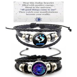 HWJQ 2Pcs Layered Zodiac Leather Bracelets Constellation Bracelet for Women Men Braided Zodiac Sign Spirit Bracelet Mothers Day Birthday BFF Jewelry, Middle, Zinc, no gemstone
