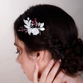 BERYUAN White Rose Flower Crystal Hair Comb for Women Cute Crystal Comb for Bride RED 1