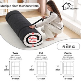 Welnow Japanese Futon Floor Mattress, Twin Size Thick Tatami Mat Portable & Foldable Roll Up Floor Bed Mattress with Storage Bag, Sleeping Pad for Adults, Dorm, Guest Bed, Camping and Travel, Black