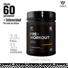 YAOCA Pre-WorkOut Suplemento en polvo 360g | Con Creatina Monohidratada! | 60 servicios |Sabor Durazno-Mango | enriquecido con Vitamina C | Libre de azúcar | ¡Potencia tu entrenamiento!