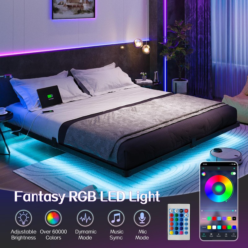 King Size Floating Bed Frame with Smart LED Lights and
