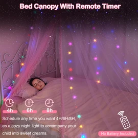 Unicorn Castle Bed Canopy for Girls with Remote Timer Breathable Canopy Bed Curtains with 8 Modes LED Lights Net Canopy for Bed for Girls Room Decor,Pink