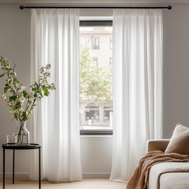 Deconovo Curtain with Ruffle Tape, Voile Curtain, Decorative Curtain, Semi-Transparent Linen Look Curtains for Living Room, Airy and Elegant, 245 x 140 cm (Height x Width), White, Set of 2