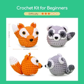 NestledCrafts Crochet Starter Kit for Beginners with Step-by-Step Video Tutorials for Adults & Kids - The Fox & Raccoon