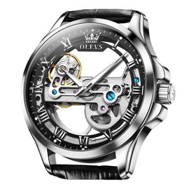 OLEVS Skeleton Automatic Watches for Men Black Leather Band Watches Luxury Big Black Face Mechanical Automatic Self Wind Watch Original Unique Dress Waterproof Men Watch relojes para Hombres