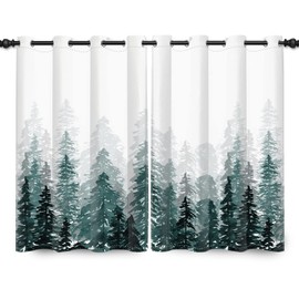 Renaiss Watercolor Forest Decorative Window Curtains Green Forest Pine Trees Window Treatments Nature Landscape Blackout Drapes for Kitchen Bedroom Living Room Decoration 53x63 Inches x 2 Panels