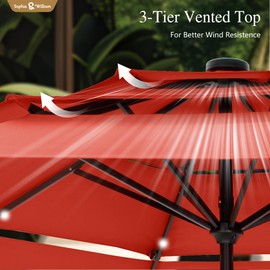 Sophia & William 10ft Patio Umbrellas 3-Tier Umbrella Outdoor Patio Umbrellas with Lights Vented Top 24 LED lights Adjustable Tilt for Pool Garden Backyard, Red