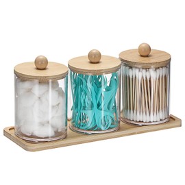GUSHBIN Q tip Holder with Vanity Tray Clear Cotton Ball Holder Cotton Swab Dispenser Bathroom Storage Canister with Lid Qtip Dispenser for Bathroom Office,3 Pcs