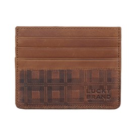 Lucky Brand Men's Trifold Wallet | ID Window | Card Slots Organization | Durable | Stylish, Plaid Embossed Leather-Brown, Tri-Fold