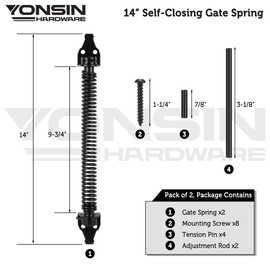 YONSIN 14" Self Closing Gate Spring Heavy Duty Door Springs to Close Door, Adjustable Tensioner Automatic Gate Closure, Suitable for Wooden Gate, Vinyl Fence, Steel Door, Black, 2 Pcs