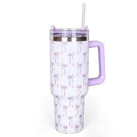 Whaline 40oz Purple Bow Tumbler with Handle Straw and Lid Bow-Knot Travel Coffee Tumbler Cup for Women Friend Holiday Birthday