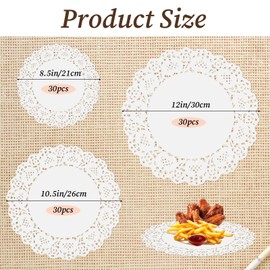 90 PCS Paper Doilies Assorted Sizes, 12inch 10.5 Inch and 8.5 Inch Disposable Round Paper Doilies White Lace Papers Placemats, Lace Papers Placemats for Tables, Round Paper-Placemats