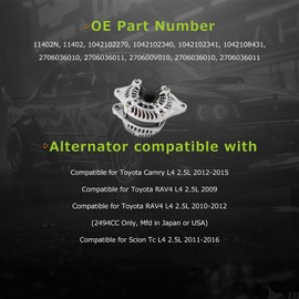 2.5L Alternator 11402N Fit for Toyota RAV4 2009-2012 & Camry 2012-2015, for Scion TC 2011-2016, 12V 100A CW 6-Groove Clutch Pulley Replace# 27060-36011 27060-0V010 104210-8431 104210-2340