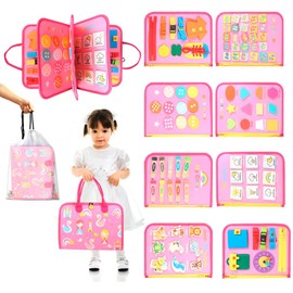 TINY SPARK Busy Board Montessori Toys Educational Sensory Toys for Toddler Sensory Toys 15 Activities and 6 Themes for Boys and Girls with a Storage Bag(Pink)
