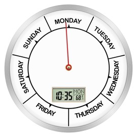 Foxtop Day of The Week Clock for Seniors, Digital Wall Clock with Time, Battery Operated Round 12 Inch Silver Wall Clock for Classroom Office Bedroom Home, Ideal Retirement Gift for Men & Women