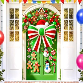 BlissYard Christmas Door Cover 35x71 Inch Holiday Entryway Backdrop with Garland Bow Candy Snowman Gingerbread Decor Winter Wall Panel for Home Indoor Outdoor Party Decoration