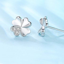 KONFEN Four Leaf 925 Sterling Silver Stud Earrings for Women, Clover Zirconia Earrings Ear Studs, Small Earrings Hypoallergenic Christmas Ladies Jewellery Gifts for Her Girls Wife Birthday
