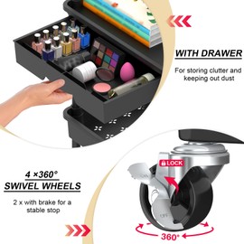 Goovilla 4 Tier Rolling Utility Cart Organizer with Removable Drawer, Stable and Sturdy Black Rolling Storage Carts with 2 Lockable Wheels for Bathroom, Kitchen, Snack, Craft, Makeup, Baby Essentials