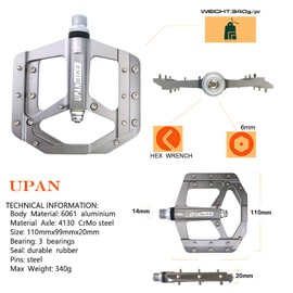 UPANBIKE 9/16" Bike Pedals Aluminum Alloy CNC Wide Flat Platform Ultralight Sealed Bearing Bicycle Pedals(Titanium Color)