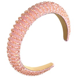 VicJasmine Jeweled Headband for Women Girls - Rhinestone Crystal Beaded Bling Hairband Wide Non Slip Hair Accessories Cute Padded Fashion Elegant Headpiece (Pink)