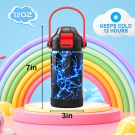 Toddler Insulated Water Bottle with Pop-Open Straw & Spout 2-in-1 Lid,12oz Kids Cups with Stainless Steel Leak Proof for School Travel Boys Girls（Lightning）