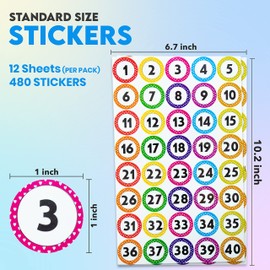 480 PCS Colorful Vinyl Number Stickers 1-40, 12 Sheets, Removable Dot Stickers, Waterproof Self-Adhesive for Office, Home, Classroom, Crafts, Indoor, Boxes, Storage etc, (1-Inch Number Sticker)